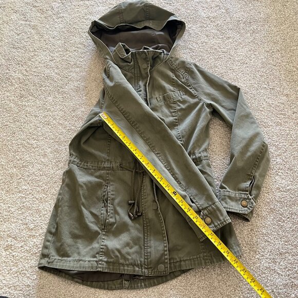 Olive Green Drawstring Utility Hooded Jacket w Button and Zip Closure Y2K Small - Picture 12 of 13